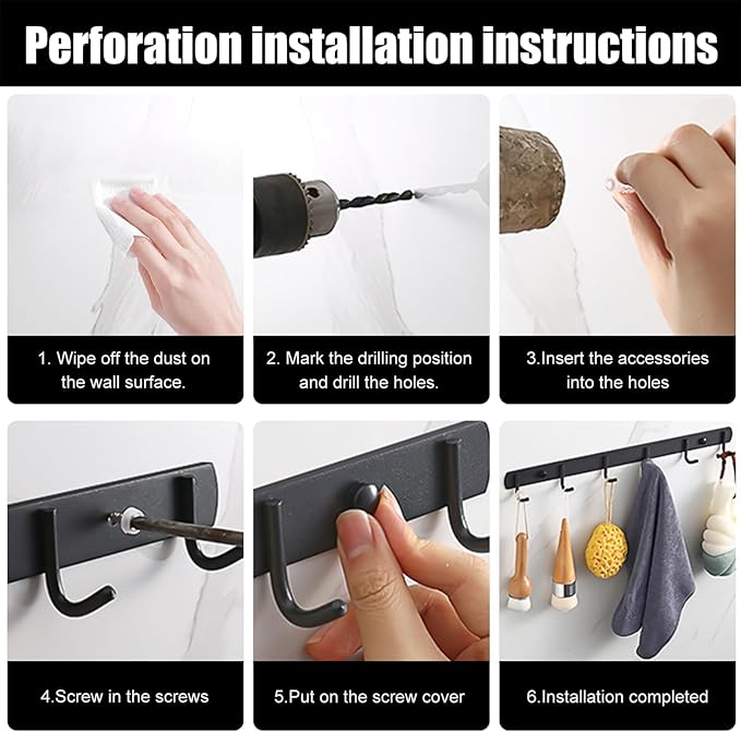 2 Pack Coat Rack Wall Mount, 12.6 in Wall Hooks for Hanging, 6 Coat Hooks for Hanging Coats Hats Towels Keys and Bags, Closet and Entryway Hanger for Bathroom Bedroom Kitchen (Black)