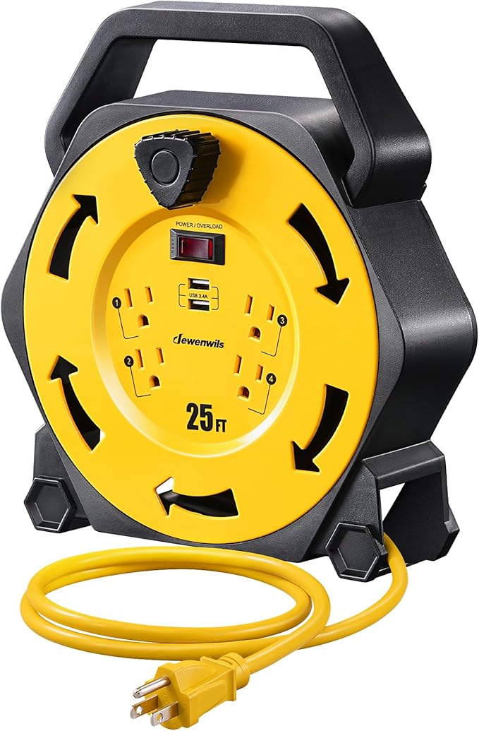 DEWENWILS Cord Reel with 4 Power Outlets, 2-USB Ports(3.4A Fast Charge), 25FT Retractable Extension Cord Reel, Heavy Duty SJTW 16/3 Cable, 13A Circuit Breaker, Hand Wind, UL Listed