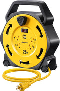 DEWENWILS Cord Reel with 4 Power Outlets, 2-USB Ports(3.4A Fast Charge), 25FT Retractable Extension Cord Reel, Heavy Duty SJTW 16/3 Cable, 13A Circuit Breaker, Hand Wind, UL Listed