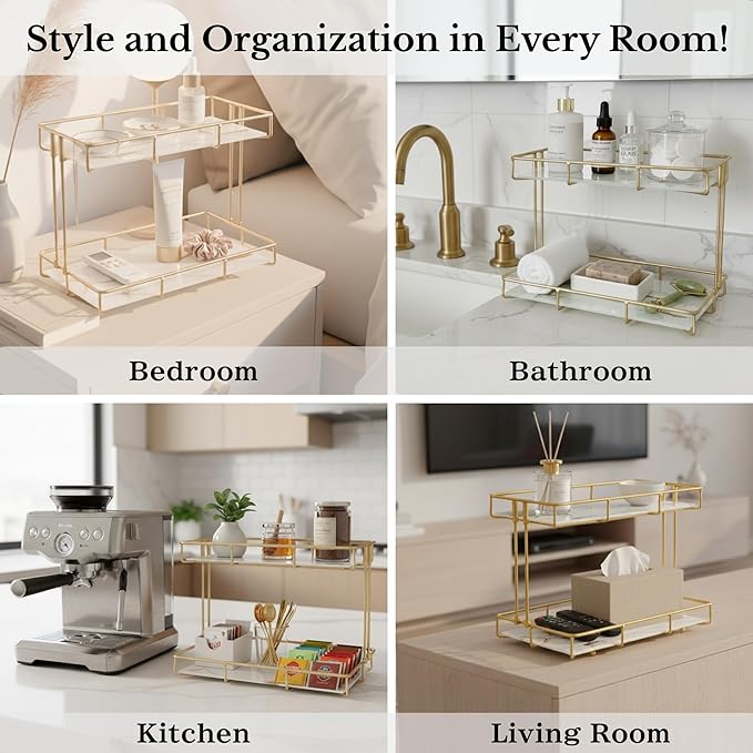 2-Tier White Marble Bathroom Countertop Organizer – Glass Shelves & Gold Metal Frame, Elegant Vanity Storage Shelf for Perfume, Skincare, Makeup & Toiletries
