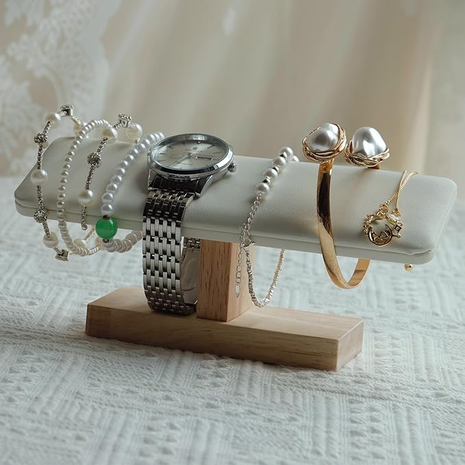 Wooden Watches Display Stands Base Watch Necklace Bracelet Organizer Rack Bangle Scrunchie Headband Showcase Stands Exterior Beige PU