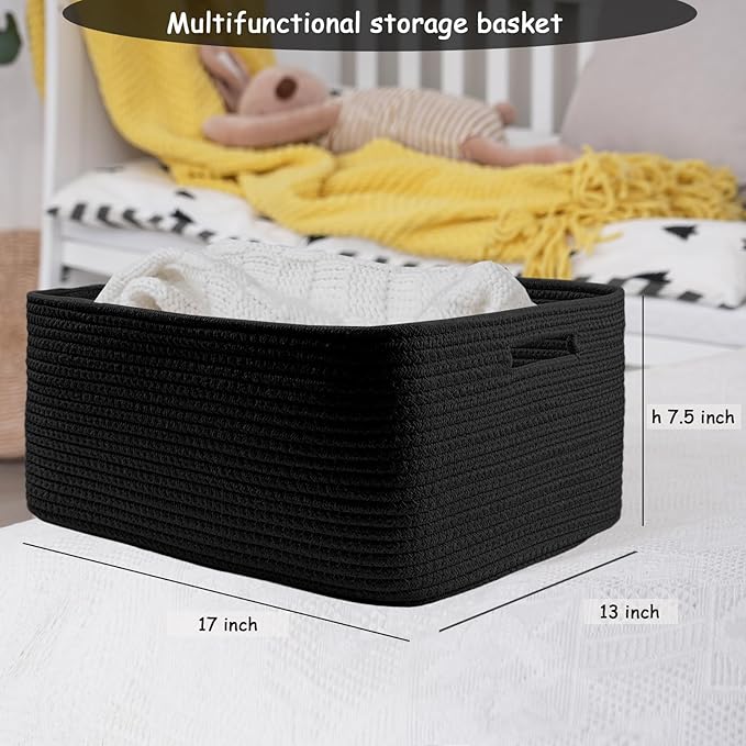COMFY-HOMI 2 pcs Large Storage Baskets for Shelves, Laundry Basket, Woven Rope Basket, Closet Organizer Bins for Clothes Blanket Towels, Baby Nursery, Gift Toy Baskets, 17” x 13” x 7.5”-Black