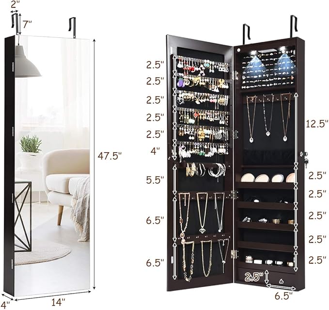 Giantex Wall Door Mounted Jewelry Armoire Cabinet with 47.5" H Full Length Mirror, 2 LEDs Lockable Jewelry Organizer Box with Bracelet Rod, 2 Drawers, Large Storage Capacity (Espresso)