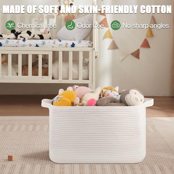 65L Large Storage Basket, Cotton Rope Woven Blanket Basket, Toy Storage for Baby Room, Living Room, White