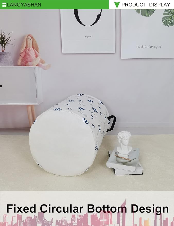 LANGYASHAN Laundry Basket Canvas Fabric Collapsible Organizer Basket for Storage Bin Toy Bins Gift Baskets Bedroom Clothes Children Nursery Hamper (Round Blue Balloon)