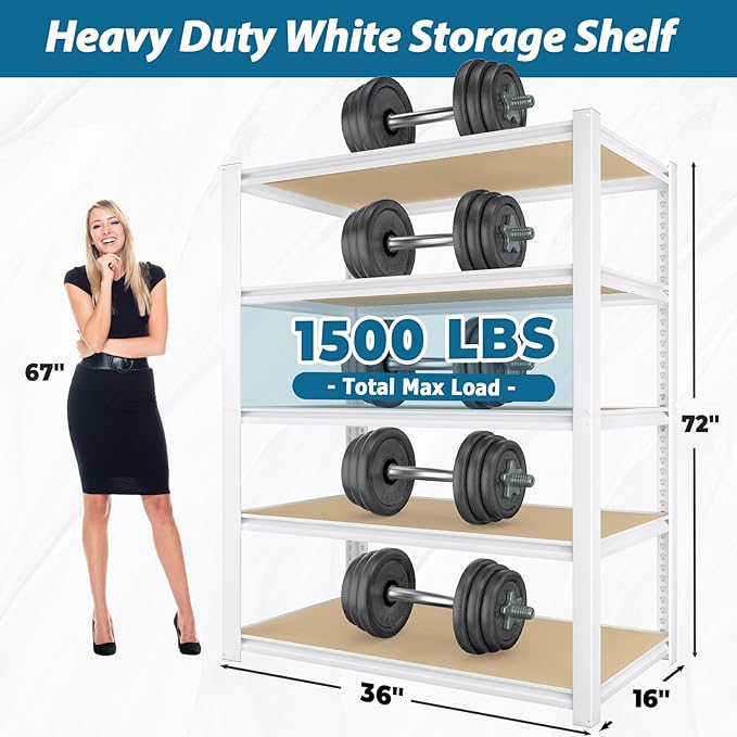 PrimeZone 2 Packs 36" W x 16" D x 72" H Closet Storage Shelves - 5 Tier White Metal Connector Shelving, Adjustable Heavy Duty Garage Shelves, Utility Rack Organizer Shelf for Kitchen Pantry Garage