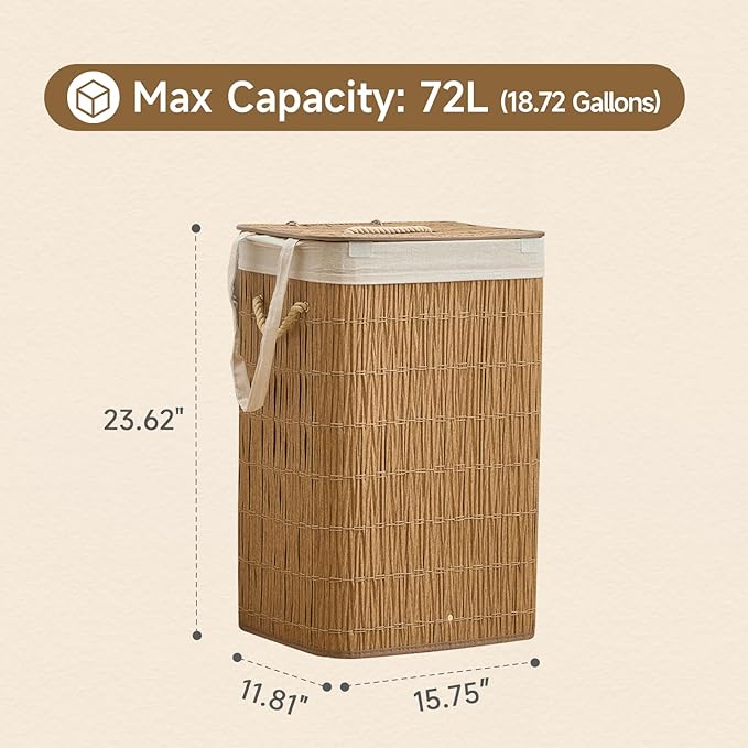 Laundry Hamper with Lid, 18.72 Gallons (72L) Laundry Basket with 2 Removable Liner Bags, Synthetic Rattan Clothes Hamper, laundry organization for bathroom, laundry room, Natural
