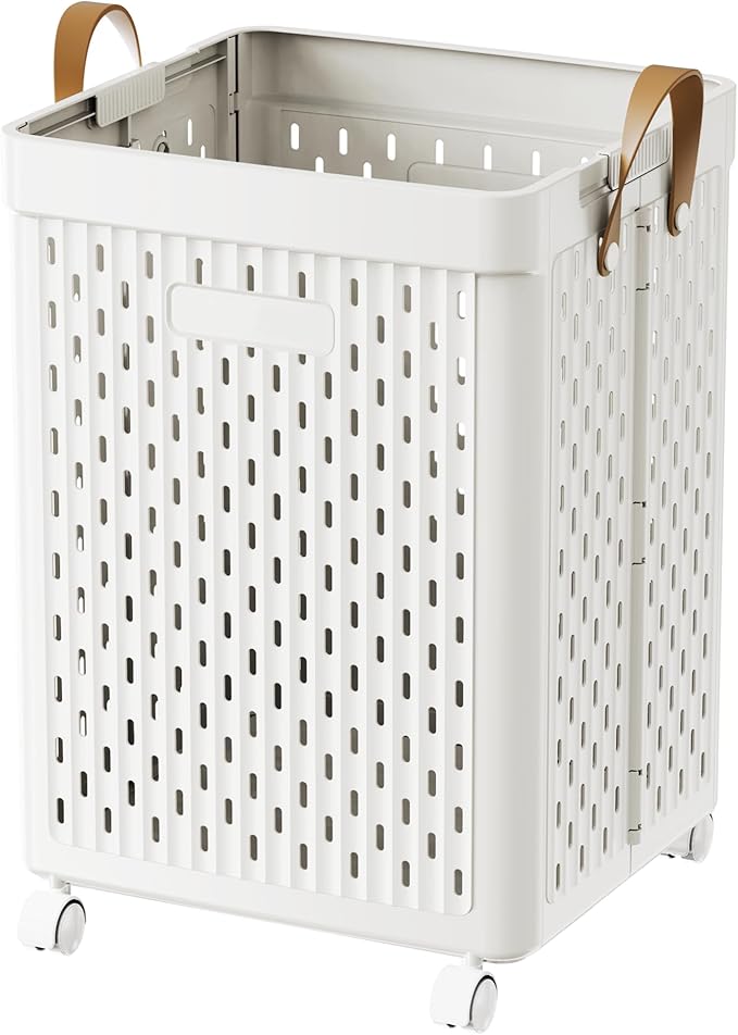 UAK Laundry Basket with Wheels, Collapsible Plastic Laundry Hamper with Handle, Foldable Laundry Basket Organizer for Laundry and Bathroom (‌Pure white, XXL)