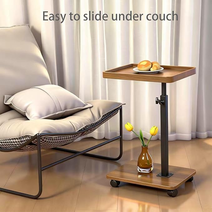 Adjustable Height Couch Tables That Slide Under Sofa, 360° Swivel Modern Tv Tray Table with Wheel, C Shaped End Table for Couch, C Table for Small Place, Perfect for Livingroom, Bedroom