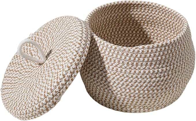 Rope Basket – Straw Woven 21x21x17cm | Round Cotton Rope Storage Basket With Lid Decorative Woven Bin | Lidded Organizer For Snacks Yarns Keys Toys Home Bedroom And Daily Use