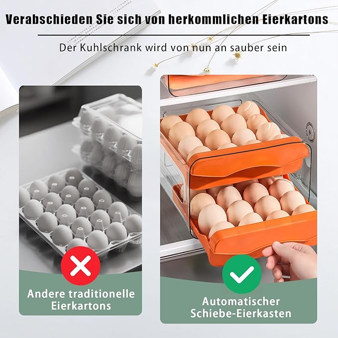 Refrigerator egg rack, egg container, egg storage box, double-layer transparent surface stackable, concave and convex handle kitchen storage organizer, bracket tray, refrigerator organizer (orange)