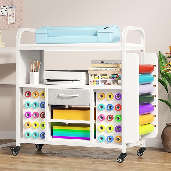 Craft Organization and Storage Cart, Large Rolling Craft Organizer Workstation with Vinyl Roll Holder & Hook up, Cutting Machine Stand Compatible for Cricut Machines, Craft Room