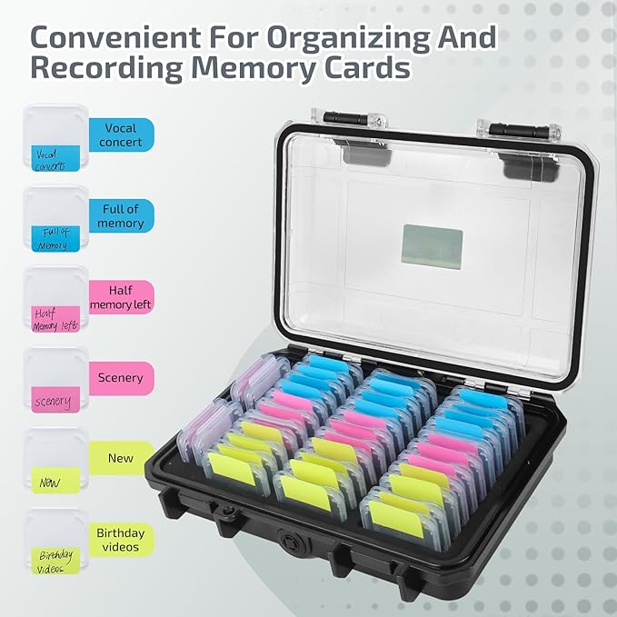 37 Slots Memory Card Case & 36 Transparent Card Cases & 60 Visual Sticky Notes, Water-Resistant Anti-Shock Anti-Dust SD Card Holder Storage,SD Card Case for Camera Memory Card（Clear Plastic）