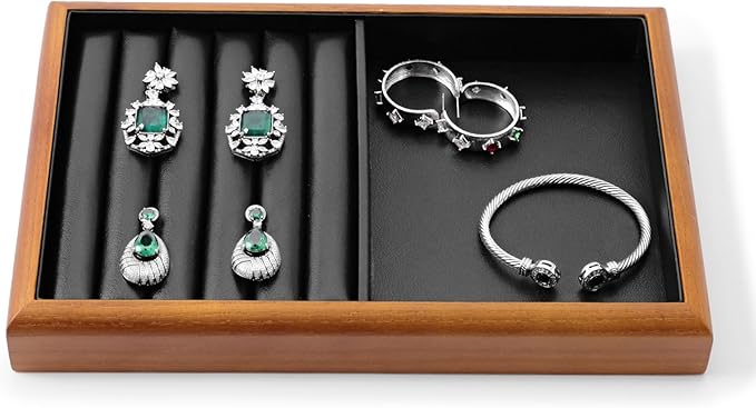 Oirlv Solid Wood Multifunctional Ring Earrings Studs Bangle Jewelry Organizer Tray Jewelry Drawer Organizer(Black)