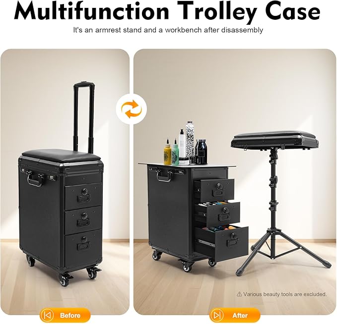 Rolling Makeup Case, 3 Drawers Tattoo Travel Case Makeup Case with Combination Lock for Beauty Salons and Barber Shops 16.54 x 11 x 20.87 Inch Black