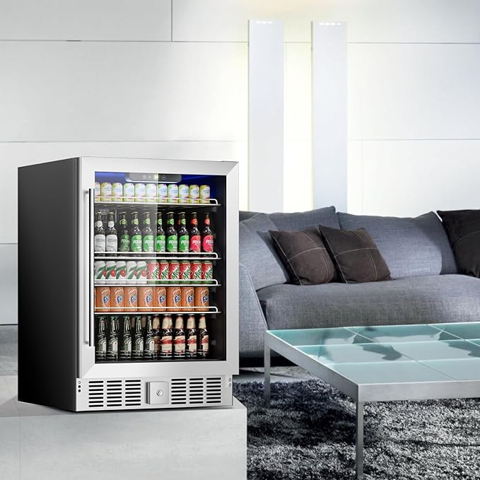 166 Can Mini Fridge - 5.3 Cu.Ft Beverage Refrigerator with Reversible Glass Door for Soda Wine Beer, Adjustable Temperature Control for Home Office Bar, Black(40-61 ℉)