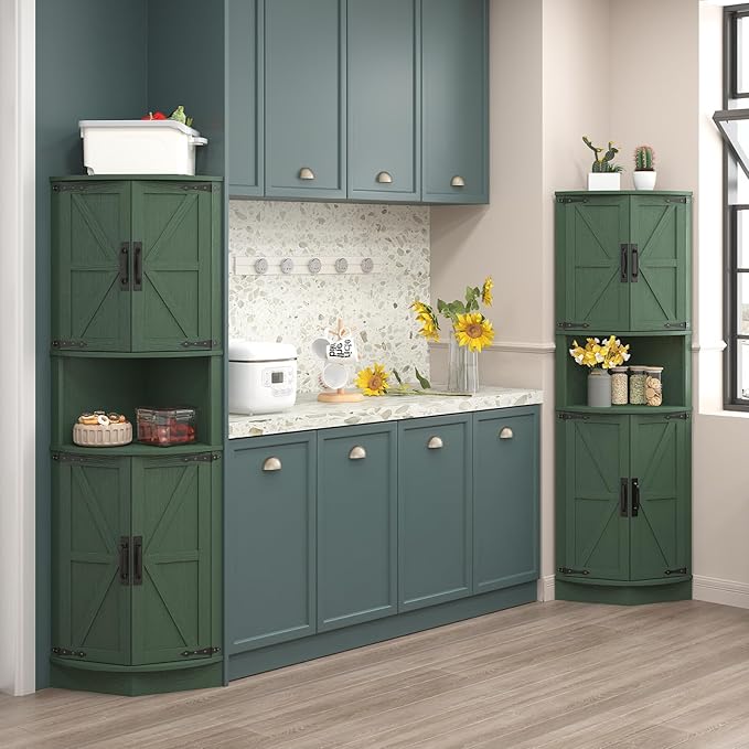 Vabches 64.8" Tall Farmhouse Corner Cabinet with 4 Doors and 5 Storage Shelves, Farmhouse Storage Cabinet with Barn Door Design, Home Space Saver for Living Room, Kitchen, Laundry Room,Green