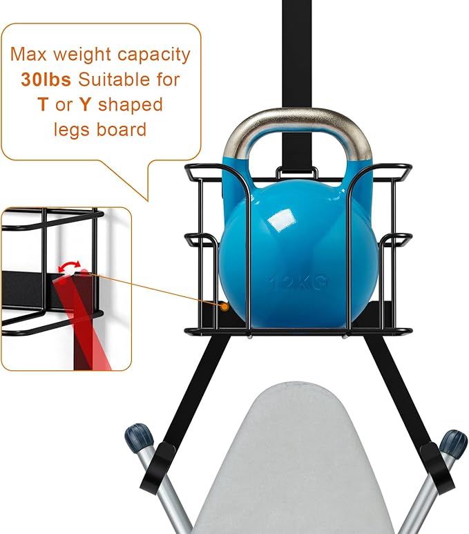 ORLESS Over The Door/Wall Mount Ironing Board Hanger, Laundry Room Iron and Ironing Board Caddy Storage Holder, Black