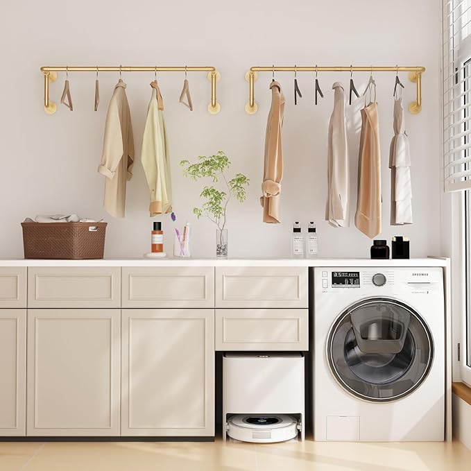 Industrial Pipe Clothing Racks 2 Pack, 36.2In Wall Mounted Clothes Rack, Gold Wall Clothing Racks for Hanging Clothes, Space Saving Closet Hanging Rod for Laundry Room, Bedroom