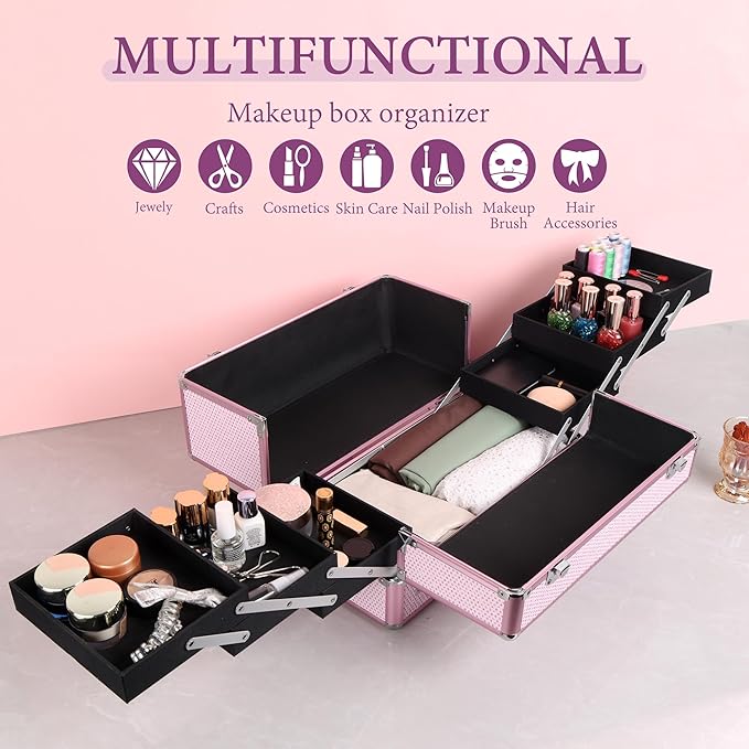 Large Makeup Train Case Cosmetic Organizer Case Makeup Box Portable Make Up Artist Travel Case with 6 Trays Dividers Lockable Hard Train Case Nail Tech Supply Storage - Crystal Pink