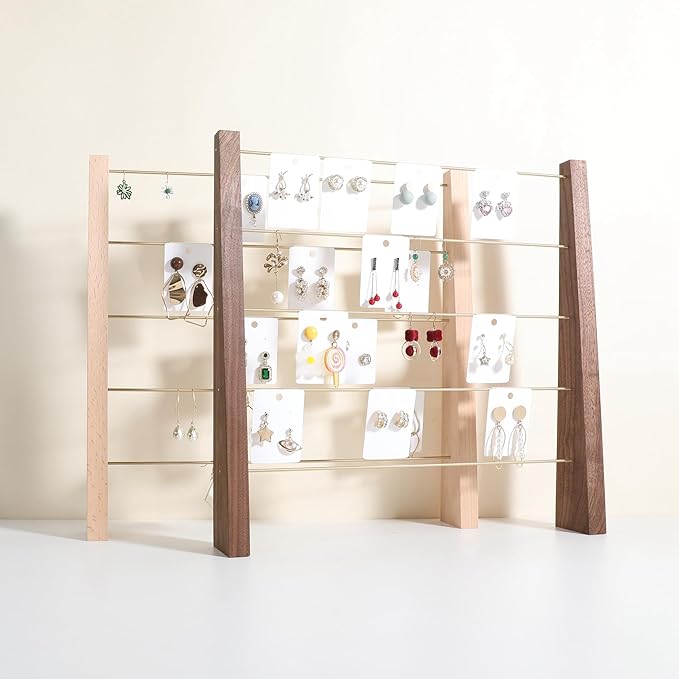 GemeShou 5 Tiers Walnut Earring display stands for selling, Wooden Jewelry Shelf, Earring Storage Organizer, Brass earring holders with 30 PVC cards for stud Dangle Hoop【Walnut 5-Tier】