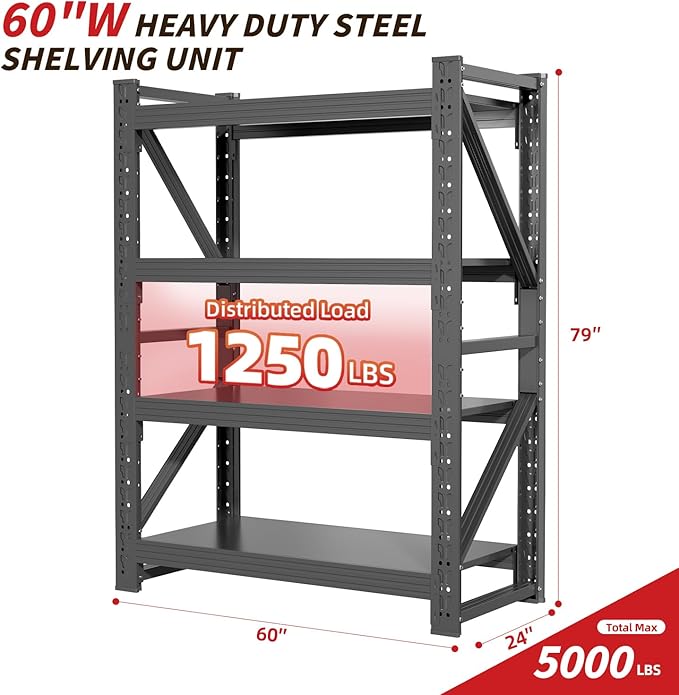 60" W Garage Shelving,4-Tier Heavy Duty Storage Shelves Unit with Adjustable Metal Shelf for Warehouse,Basement,Workshop,5000LBS,60" W x 24" D x 79" H,Black