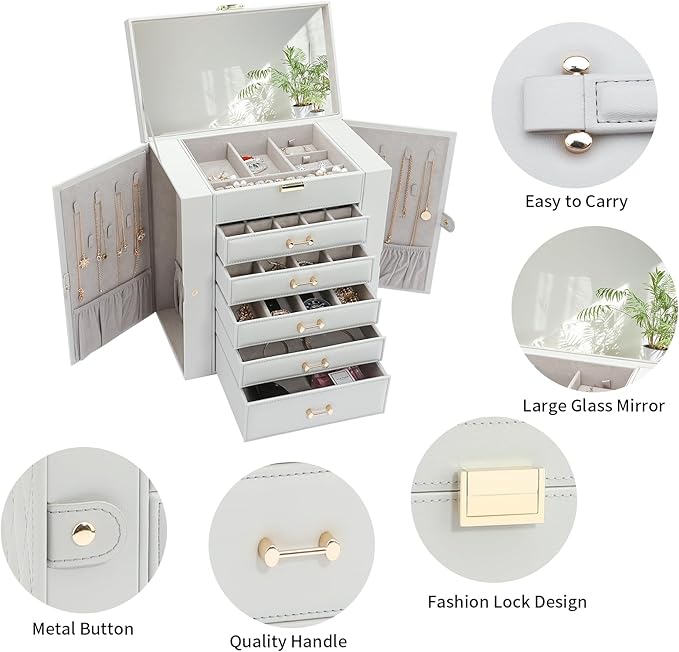 Large Jewelry Box, Jewelry Boxes for Women Large Jewelry Organizers and Storage, Jewelry Organizer for Rings Earrings Necklaces Glasses Bracelets Watches, Grey