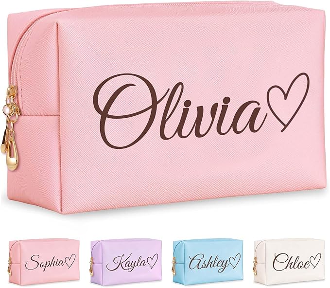 Personalized Makeup Bag with Name & Birth Flower, Custom Leather Cosmetic Bags for Women, Customized Travel Toiletry Bag Gifts for Bridesmaid Wedding