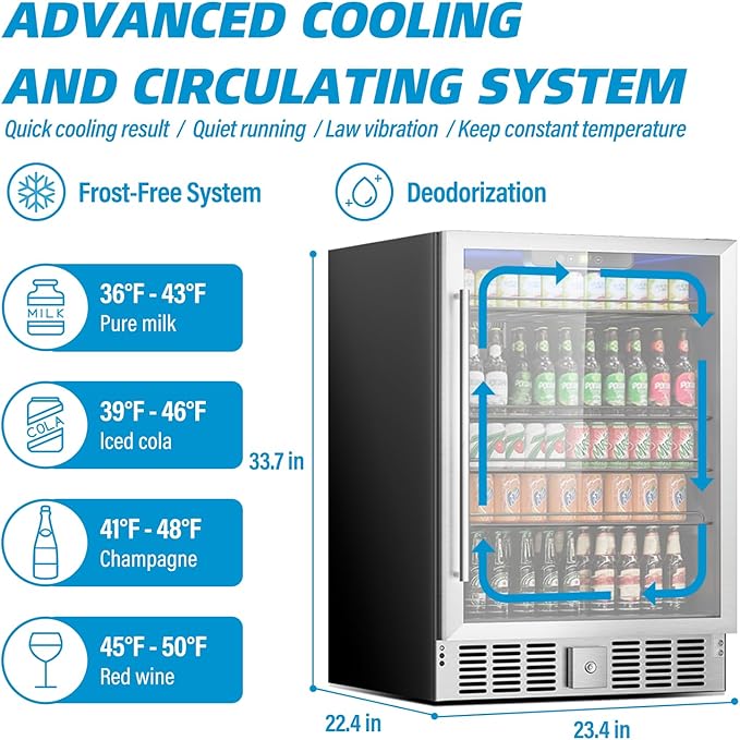 24 inch Beverage Refrigerator, Under Counter Small Refrigerator, 166 Can/5.3 Cubic Large Fridge with Glass Front Door for Soda Wine Beer, Adjustable Temperature Control for Home Office(Silver)