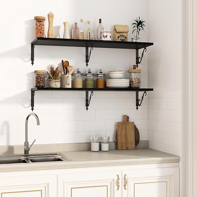 Fun Memories 40 Inch Floating Shelves Wall Mounted, 12 Inch Deep Wall Shelves with Bracket, Rustic Hanging Bookshelf, 40" Bookshelves for for Living Room, Kitchen and Bedroom, Black, Set of 2