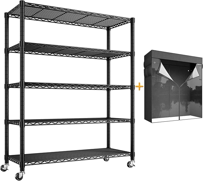 REIBII 72.8" H Storage Shelves with Cover & Wheels, Wire Shelving Heavy Duty Metal Shelving for Pantry Garage Kitchen Commercial Industrail, Storage Rack Shelf Shelving, 35" W*16" D*72.8" H