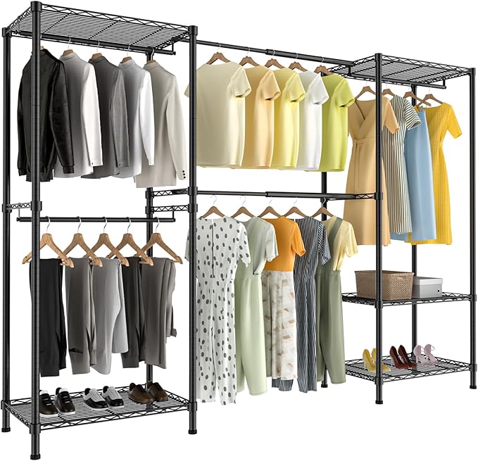 Metal Garment Racks Heavy Duty Clothes Rack Adjustable Freestanding Expandable Industrial Pipe Clothing Rack for Hanging Clothes - 70" L x 16" W x 76.7" H, Black
