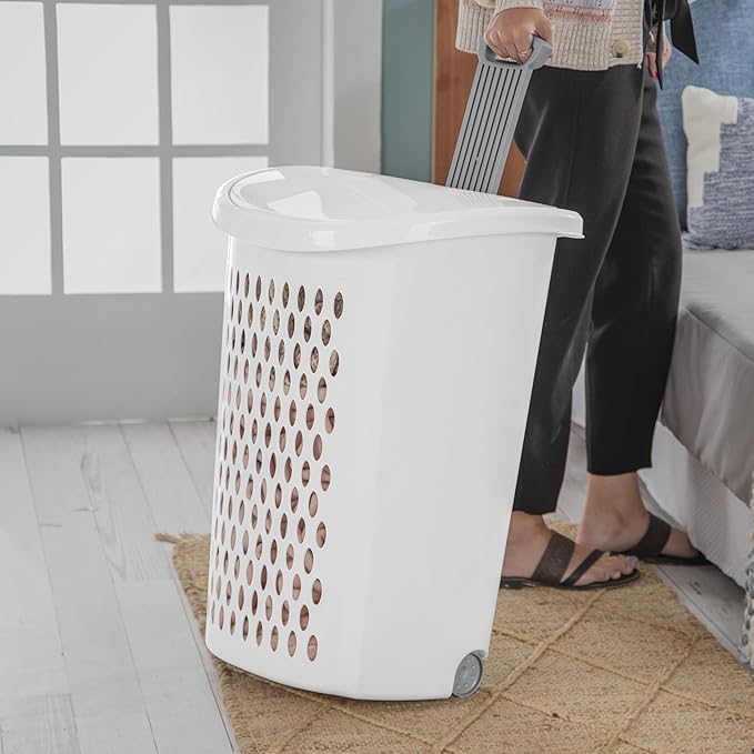 White Rolling Laundry Hamper with Wheels, 2-Bushel Large Capacity Ventilated Plastic Hamper with Lid & Retractable Handle, Portable Laundry Basket for Dorms, Apartments and Bedrooms