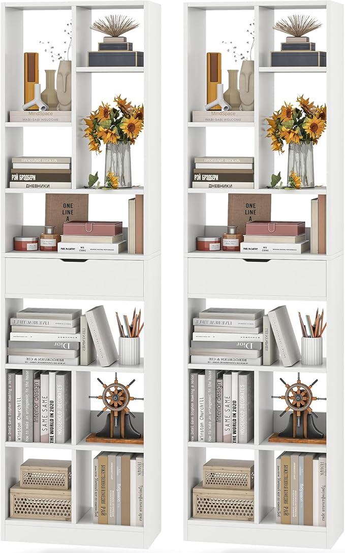 Tangkula 71” Tall Bookcase with Drawer, Modern Bookshelf with 10 Open Cubes, Floor Standing Display Rack Storage Cabinet with Anti-Tipping Kits for Living Room, Study, Office (2, White)