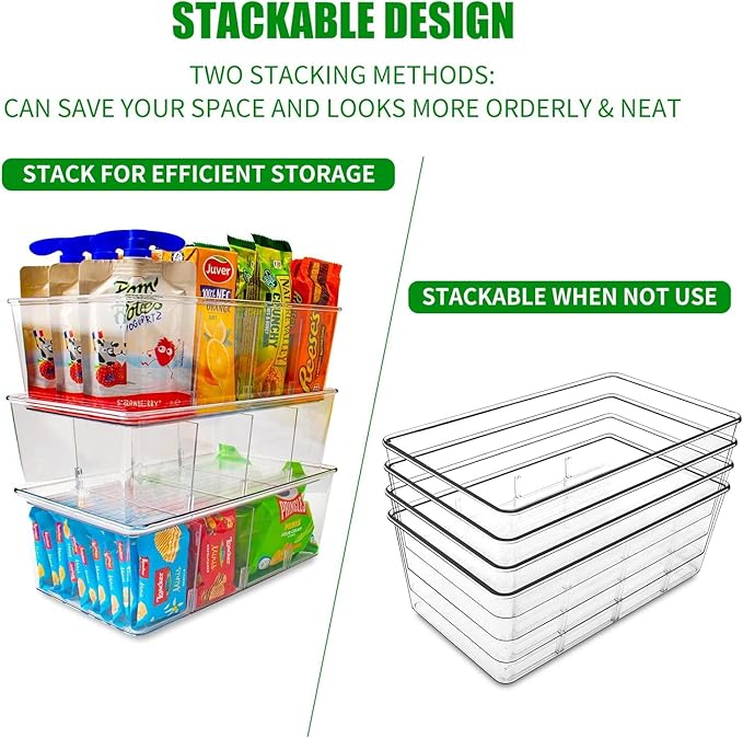 8 Pack Pantry Organizers and Storage,Snack Containers with 3 Dividers for Kitchen,Fridge,Refrigerator Organization and Storage,Clear Plastic Organizer Bins for Spice,Tea bag,Seasoning