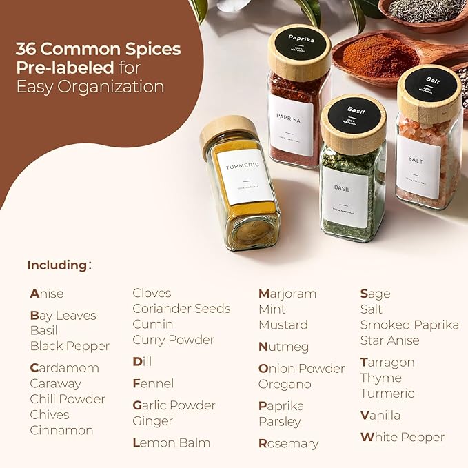 ComSaf Spice Jars with Label 4 oz 24Pcs, Glass Spice Jars with 6 Extra Shaker Inserts and 93 Labels, Seasoning Set with Bamboo Lids and Metal Funnel, Square Containers for Organization, Salt, Pepper