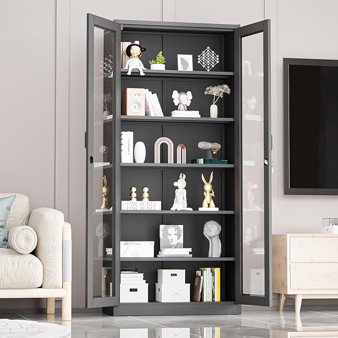 VINGLI Lockable Display Cabinet with Glass Doors & 5 Adjustable Shelves, 71" Tall Black Metal Storage Cabinet Curio Liquor, Bookshelf Bookcase for Home Office Living Room Pantry Garage