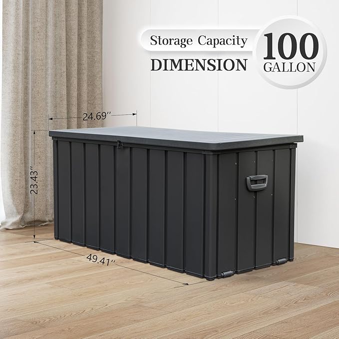 Domi 100 Gallon Deck Box, Metal Outdoor Storage Box with Resin Lid Lock Wheels Side Handles, Waterproof Outside Storage Box for Patio Cushions, Shoes & Pool Tools