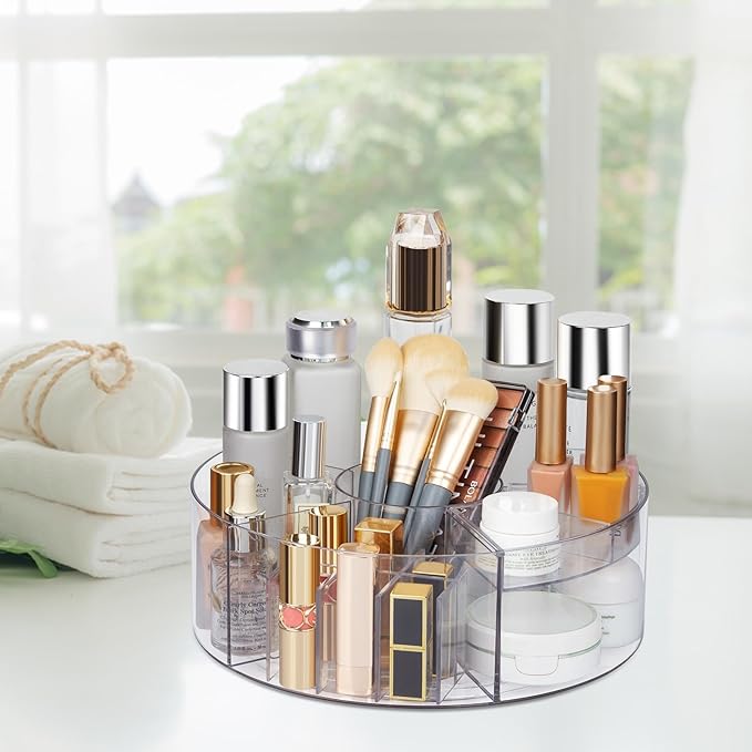 360° Rotating Makeup Organizer, 10" Clear Turntable Lazy Susan Organizer for Vanity, Bathroom Counter, Cabinet, Spinning Cosmetic Storage Holder with 6 Dividers for Skincare, Makeup Brushes, Lipsticks