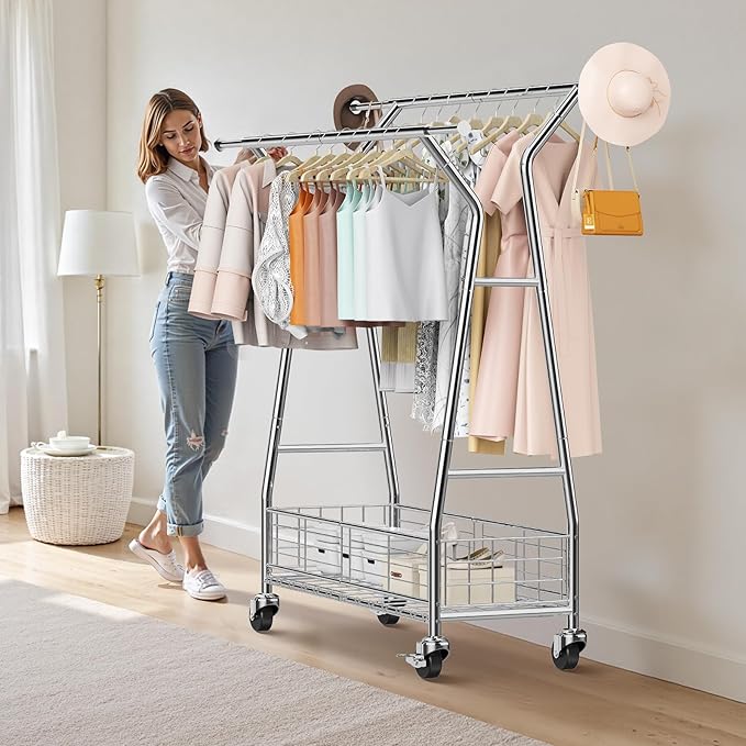 VEVOR Clothes Rack, Rolling Clothing Garment Rack, Extendable Carbon Steel Clothing Racks with Wheels for Bedroom, Laundry, Living Room