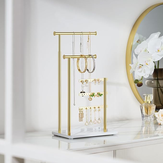 Jewelry Holder Organizer Stand - Adjustable Tall 17.5" (Max), Gift for Women, Mirrored Gold Jewelry Hanger for Necklaces, Earrings, Bracelets, Rings
