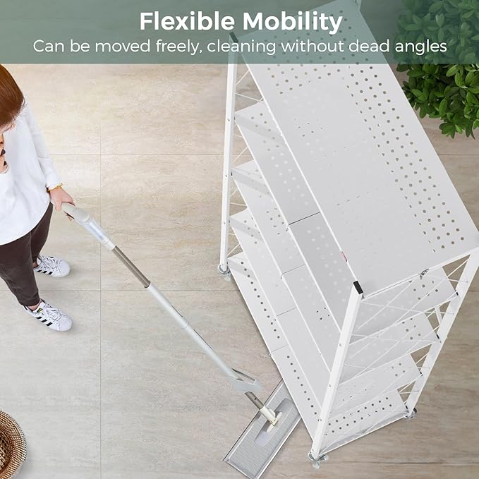 DEANIC 5 Tier Foldable Storage Shelves with Wheels, Large Capacity Shelving Unit, Freestanding Metal Wire Shelf Rack, No Assembly Organizer Rack for Garage Kitchen, Basement, Pantry(White)