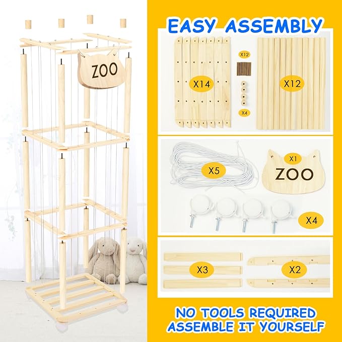 Stuffed Animal Storage, Wood Stuffed Animal Zoo Storage, Space Save Stuffed Animal Holder, Plush Toy Storage Organizer with Brake Wheels for Bedroom Playroom Nursery Bedroom