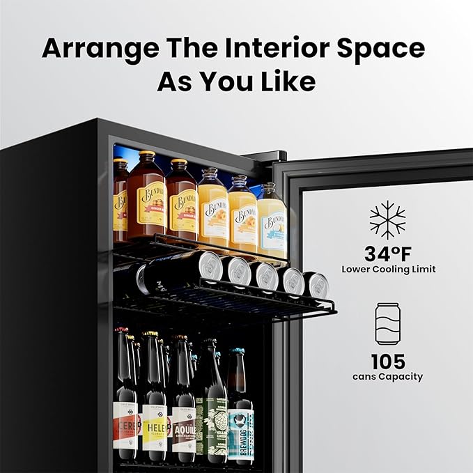 Yeego Beverage Refrigerator Cooler, 105 Cans Drink Fridge with Glass Door for Soda Beer or Wine, Beverage Cooler with 34°F-54°F Digital Temperature Control for Home, Office, Bar (Black)