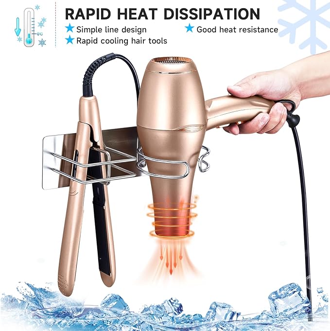 Hair Straightener Holder Hair Dryer Holder Wall Mounted, Blow Dryer and Curling Iron Holder, Blow Dryer Holder Wall Adhesive, Hair Dryer and Straightener Holder for Bathroom Salon (Silver)