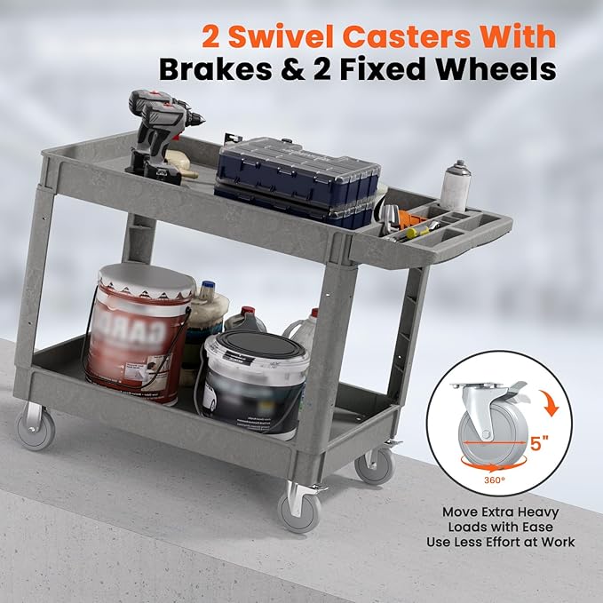 2 Tier Plastic Rolling Utility Cart on Wheels, Heavy Duty Tool Cart with Deep Shelves and 360° Swivel Wheels Holds up to 550 lbs, Service Cart for Warehouse,Garage, Cleaning (Gray-L)