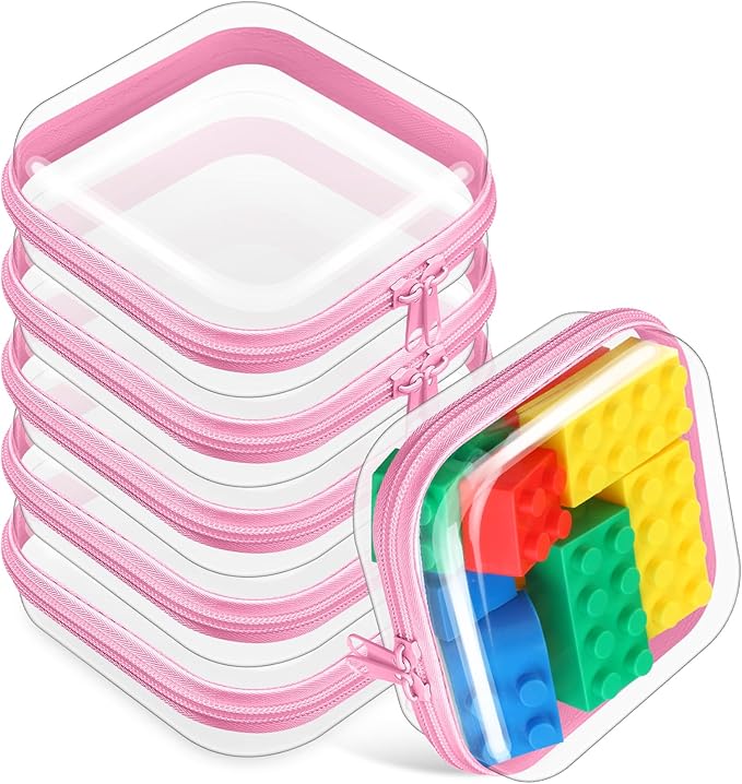 Sanwuta 6 Pcs Clear Hard Zipper Case Hard Plastic Zipper Pouches Transparent Makeup Bag Pencil Pouches for Travel Snacks Christmas Trinket Storage Organizer Box(Pink,5 x 5 x 2 Inch)