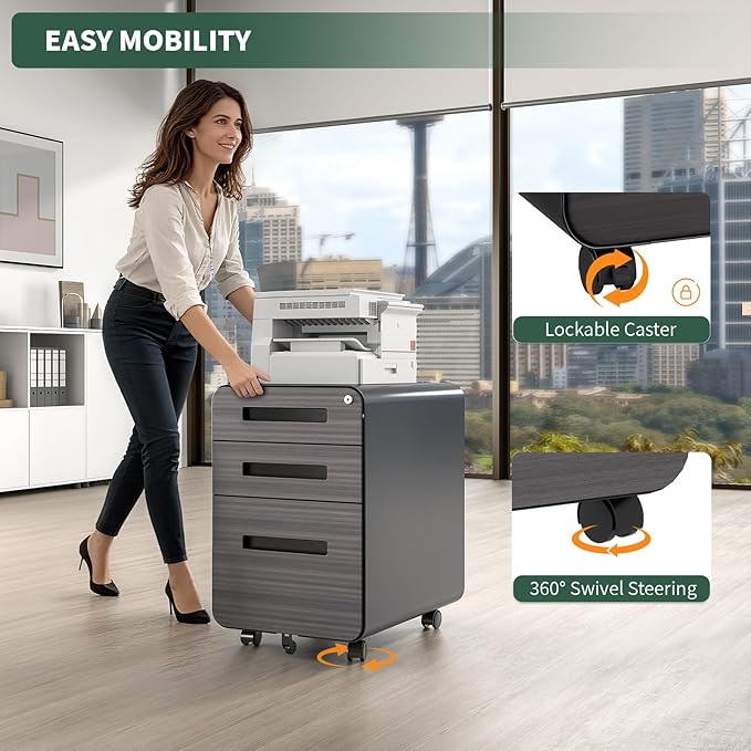 3 Drawer Mobile File Cabinet Under Desk with Lock,Metal Small Rolling Filing Cabinet Storage for Home Office,Steel Cabinets on Wheels, Fully Assembled, Gray Wood Grain