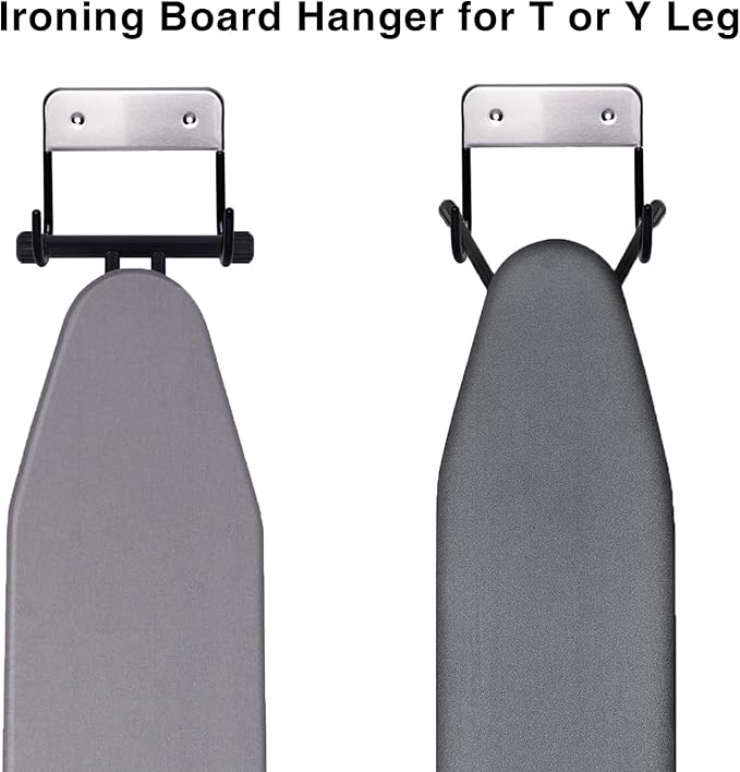Ironing Board Hanger Wall Mount, Ironing Board Holder for Y or T Shaped,Stainless Steel Wall Hook Iron Board Holder for Laundry Rooms with 2 Hooks (Black)