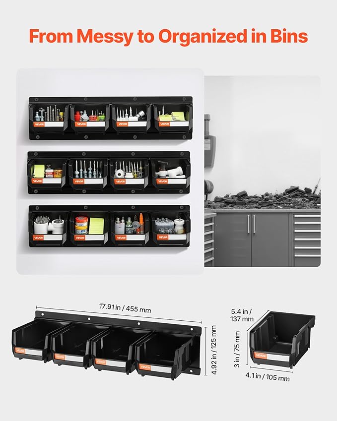 VEVOR Wall Mounted Storage Bins, 12 Plastic Bins & 3 Metal Rails, Plastic Hanging Stackable Storage Bin for Screws, Nuts, Bolts, Nails, Hardware Tool Organizer for Workshop, Craft Room, Garage, Black